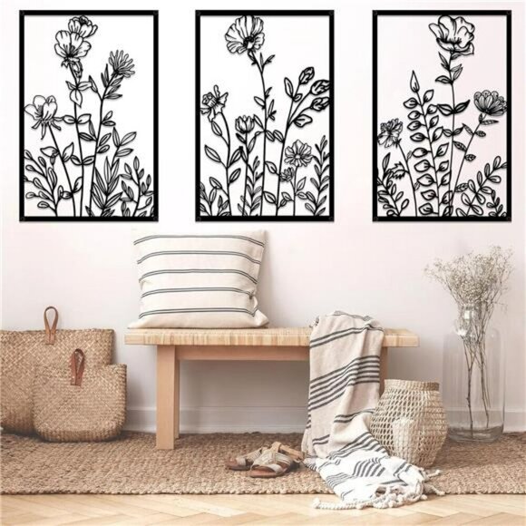 Black Metal Flower Wall Art Set Abstract Minimalist Decor for Bedroom Living - Picture 5 of 8